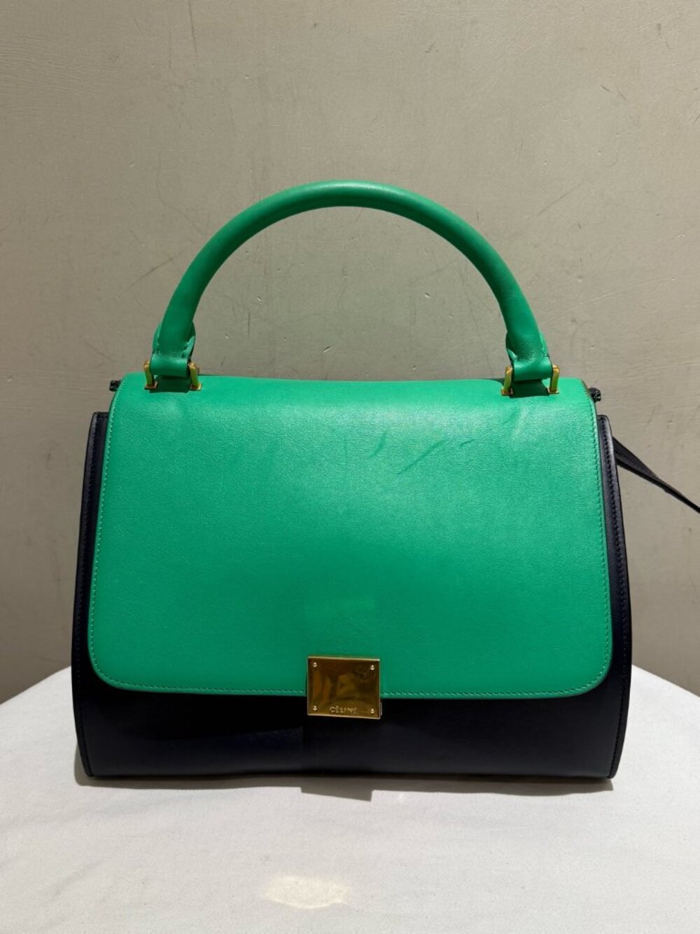 Celine Trapeze Medium Green Black Color Block Cowhide Leather Swing Handbag